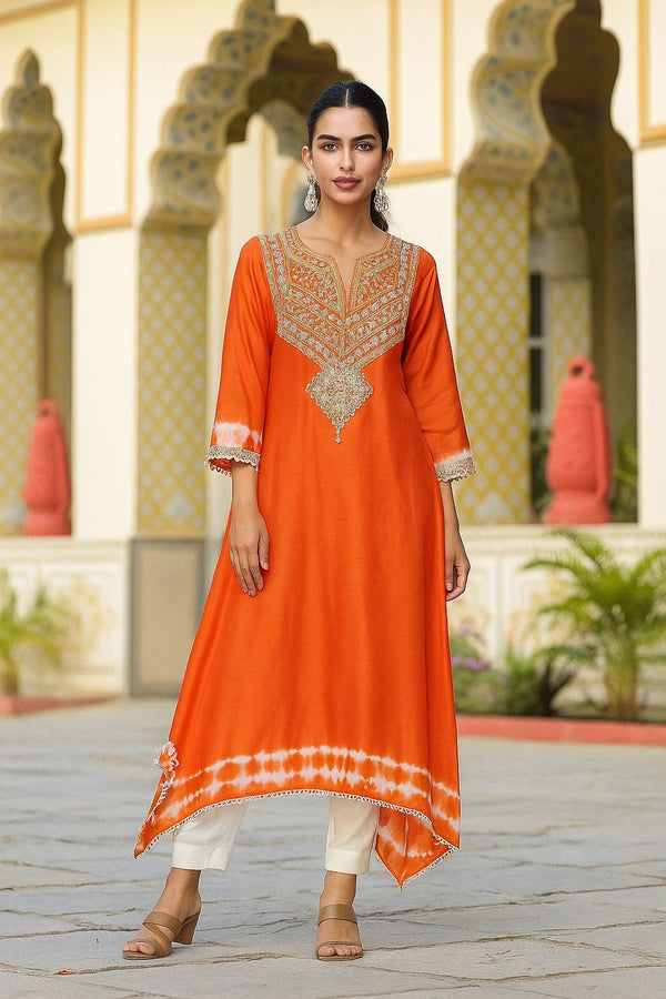 Gulnaar Mustard Silk Kurti with Delicate Moti Embroidery