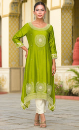 Noor Olive Green Embroidered Silk Kurti with Mandala Moti
