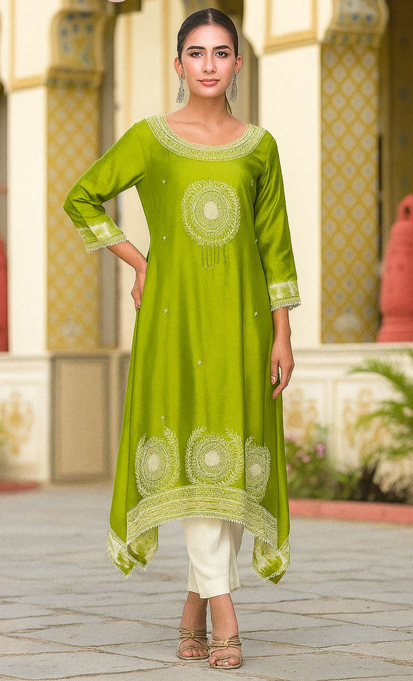 Noor Olive Green Embroidered Silk Kurti with Mandala Moti