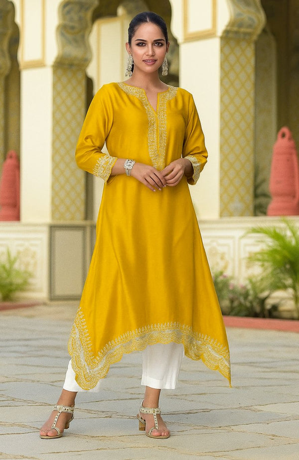 Gulnaar Mustard Silk Kurti with Delicate Moti Embroidery