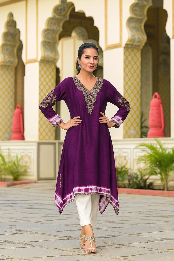 Noor Olive Green Embroidered Silk Kurti with Mandala Moti