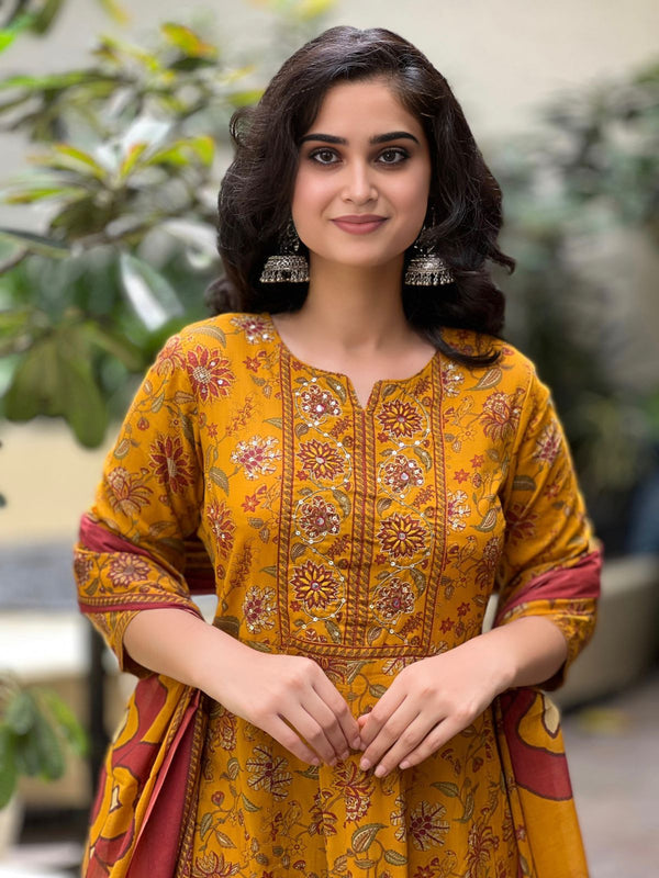 Kesar yellow yoke embroidered cotton suit set with mul cotton dupatta
