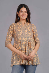 Elegant Peach Floral Print Cotton Kurti