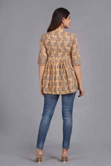 Elegant Peach Floral Print Cotton Kurti