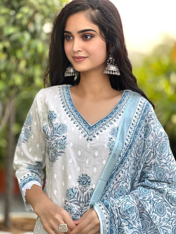Sky blue cotton suit set with mul cotton dupatta
