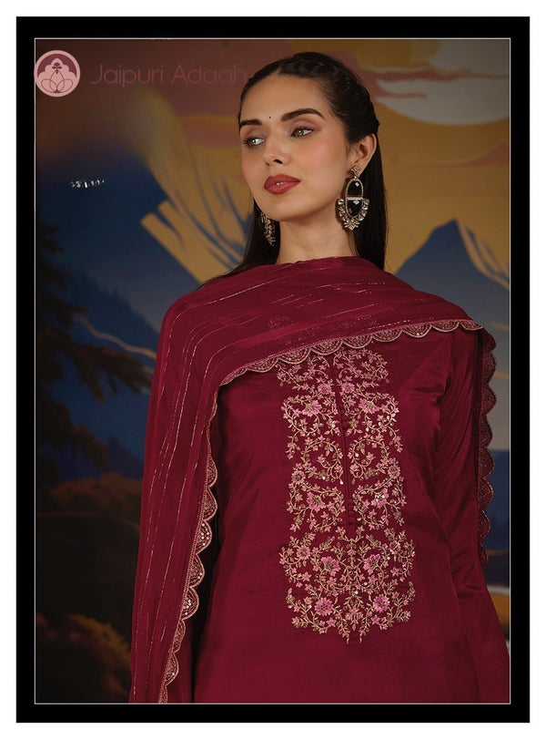 Rubina Maroon embroidered cotton suit set with dupatta