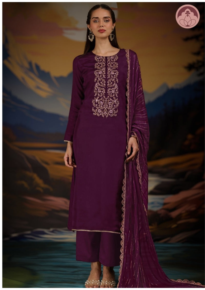 Rubina Maroon Embroidered Solid Silk suit set with Dupatta