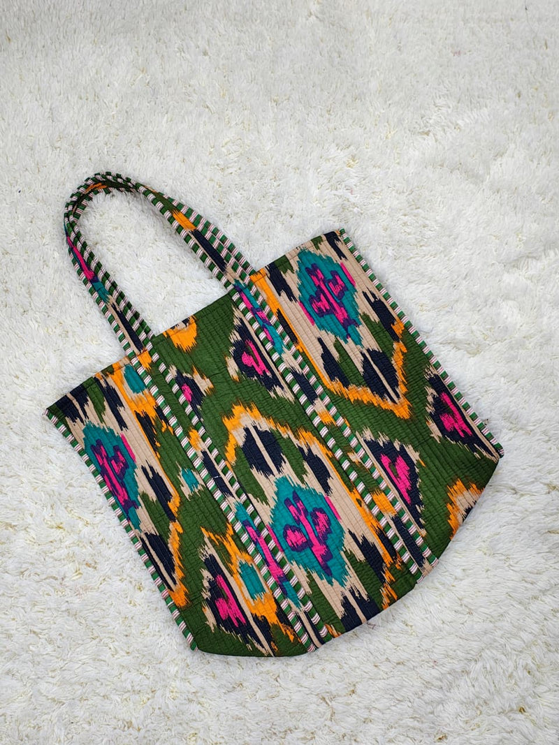 "Boho Vibes Green Ikat Cotton Quilted Tote Bag