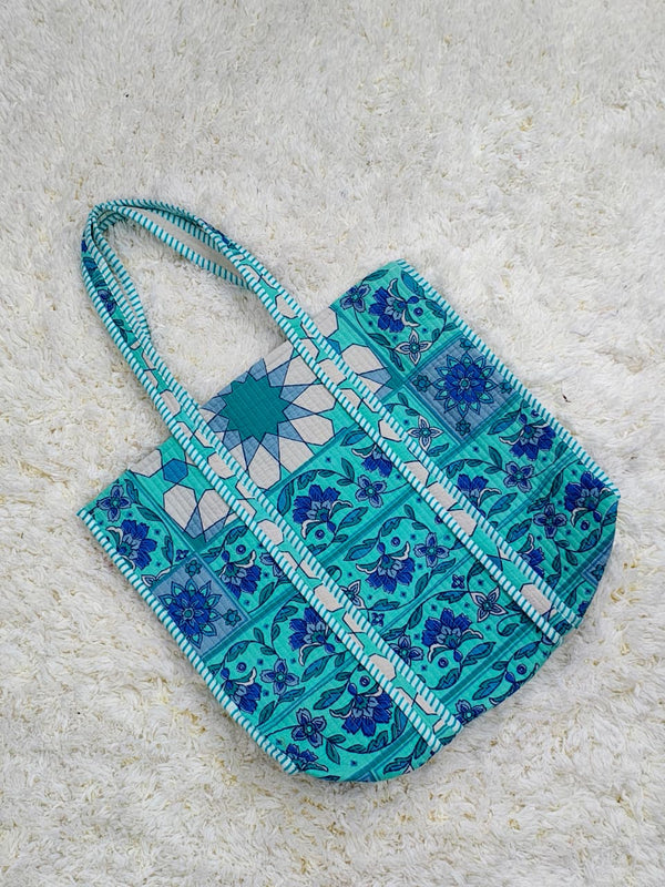 Aqua Bloom Blue Floral Cotton Quilted Tote Bag