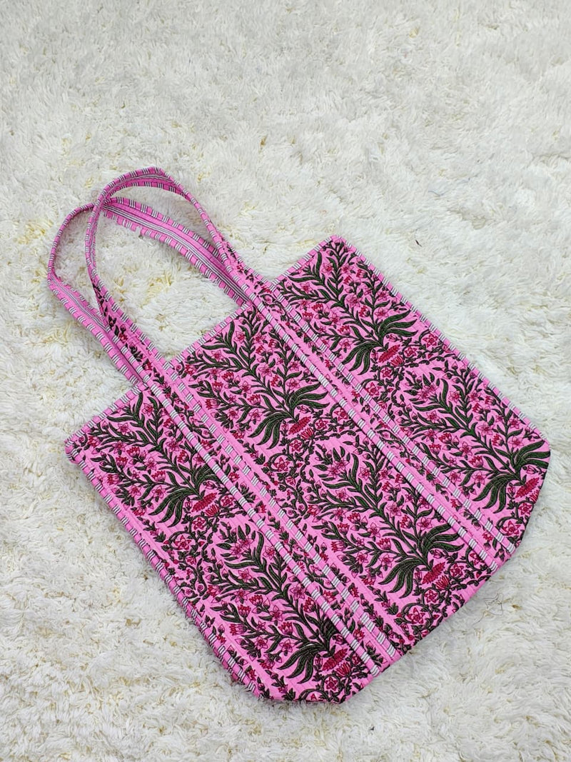 Rosy Bloom Pink Floral Quilted Cotton Tote Bag