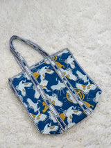 Azure Flight Blue Crane Print Quilted Cotton Tote Bag