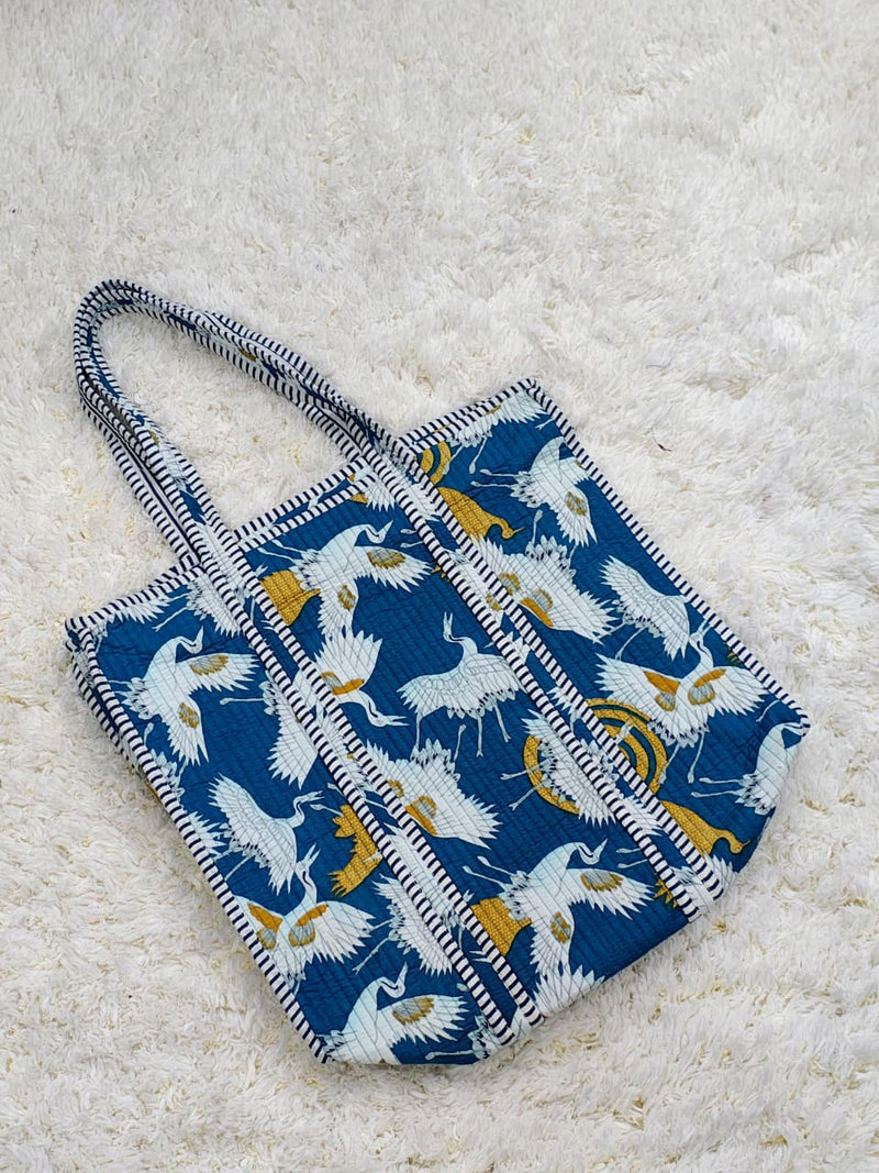Azure Flight Blue Crane Print Quilted Cotton Tote Bag