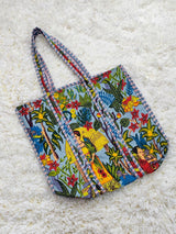 Tropical Muse Sky Blue Printed Quilted Cotton Tote Bag