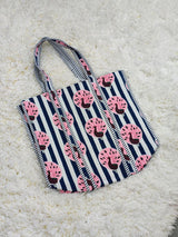 Peacock Parade Navy Blue & Pink Quilted Cotton Tote Bag