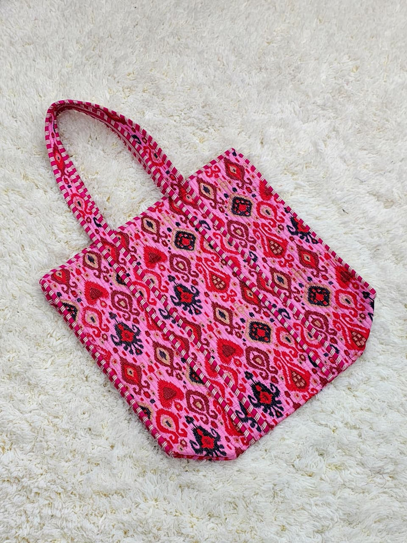 Boho Bliss Pink & Red Ikat Print Quilted Cotton Tote Bag
