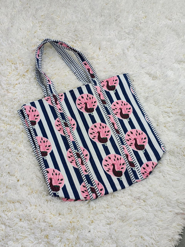 Peacock Parade Navy Blue & Pink Quilted Cotton Tote Bag