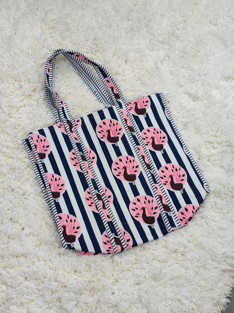 Peacock Parade Navy Blue & Pink Quilted Cotton Tote Bag
