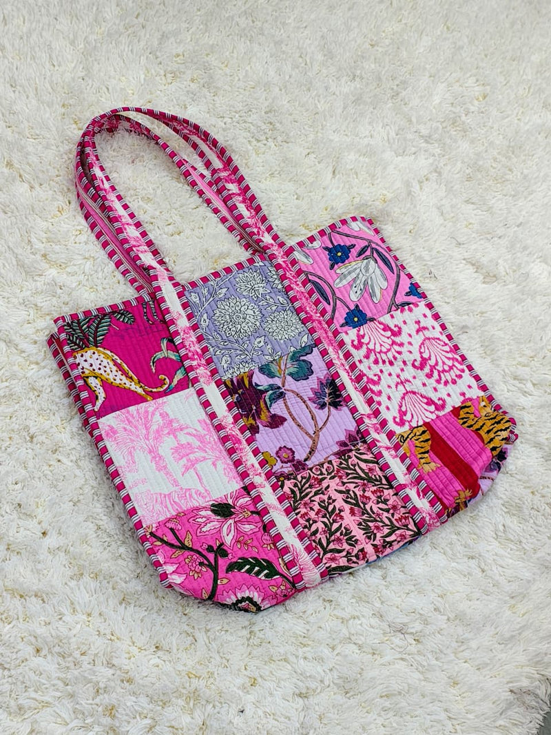 Dreamscape Fuchsia Pink Patchwork Quilted Cotton Tote Bag
