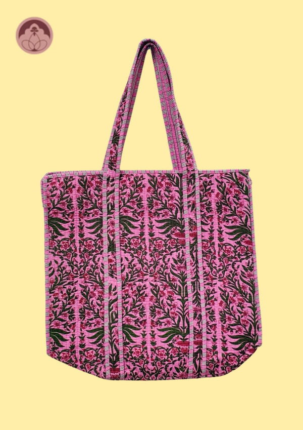 Rosy Bloom Pink Floral Quilted Cotton Tote Bag