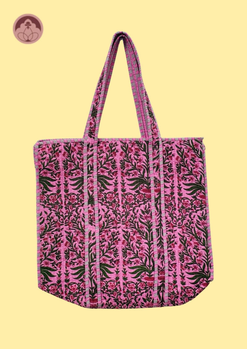 Rosy Bloom Pink Floral Quilted Cotton Tote Bag
