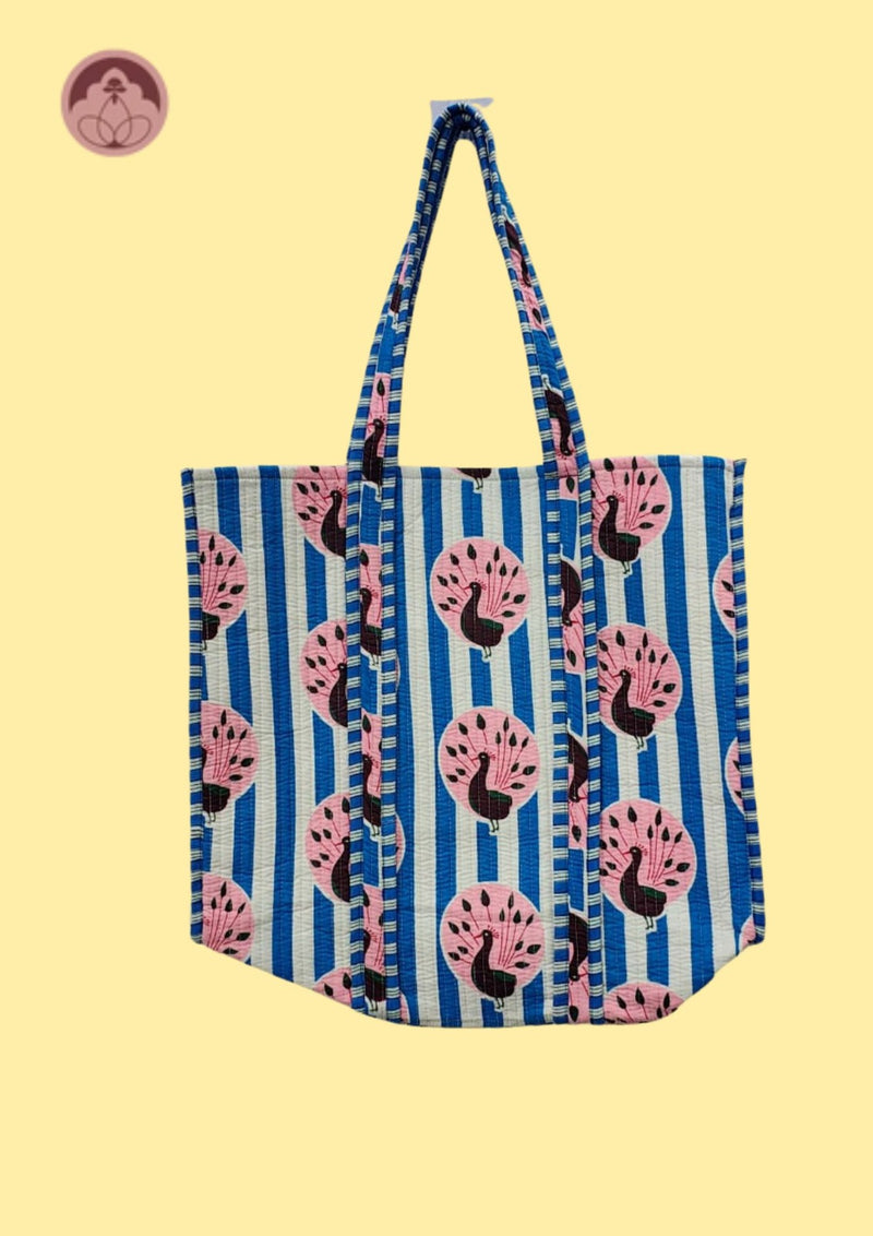 Blue Bliss Peacock Print Cotton Quilted Tote Bag