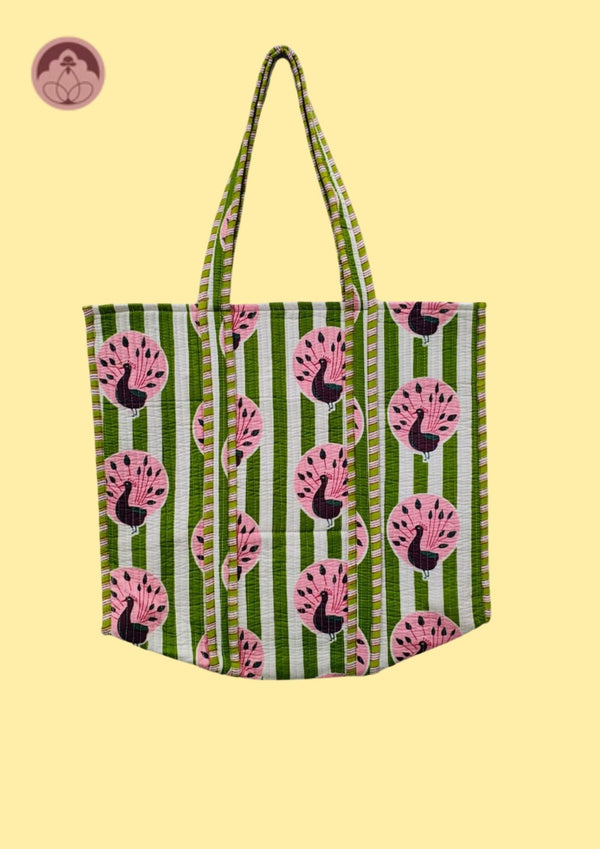 Trendy Olive & Pink Peacock Print Quilted Tote Bag
