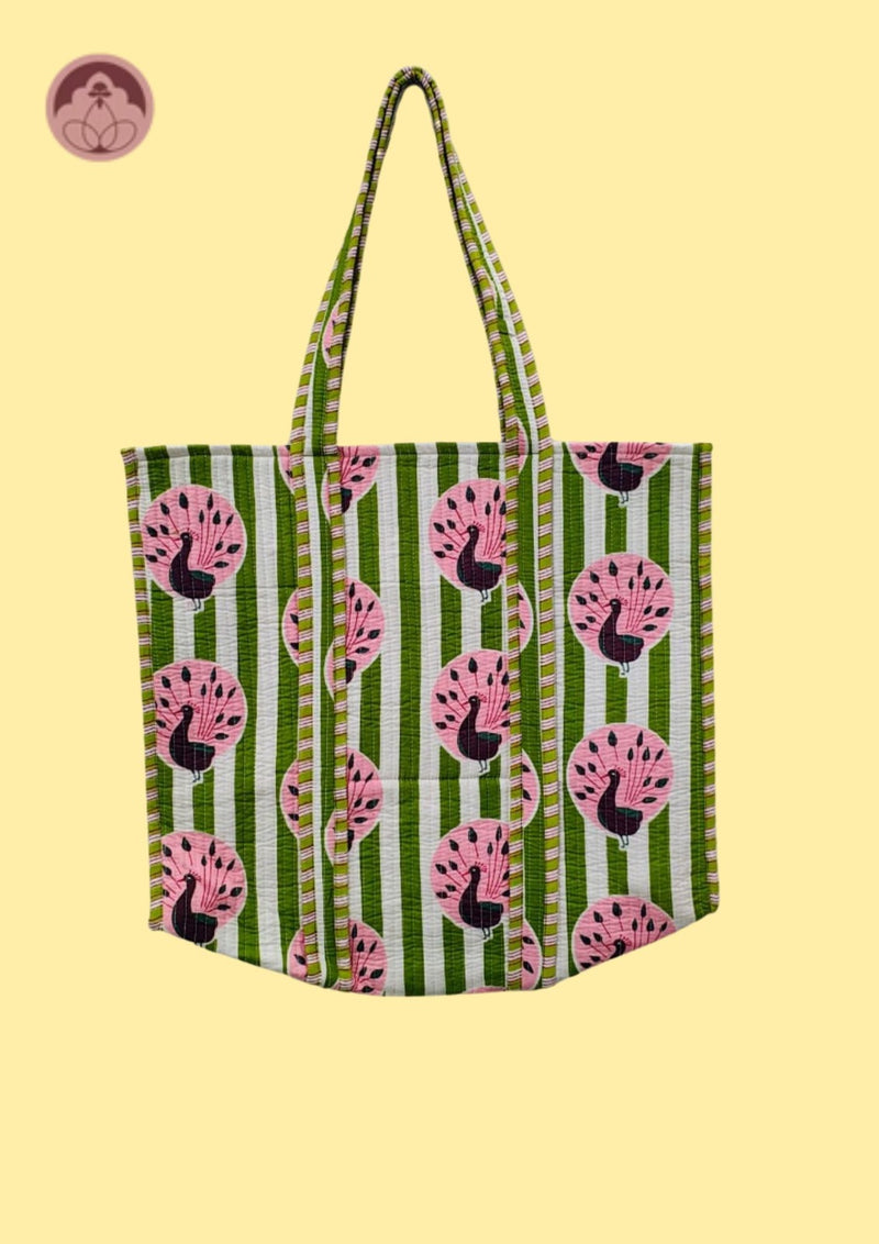 Trendy Olive & Pink Peacock Print Quilted Tote Bag