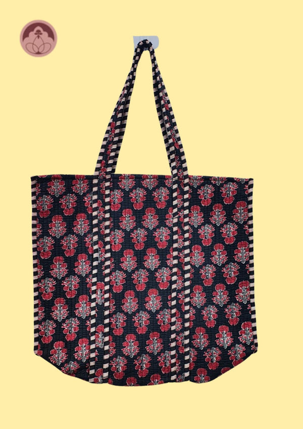 Midnight Garden Red Floral Quilted Cotton Tote Bag