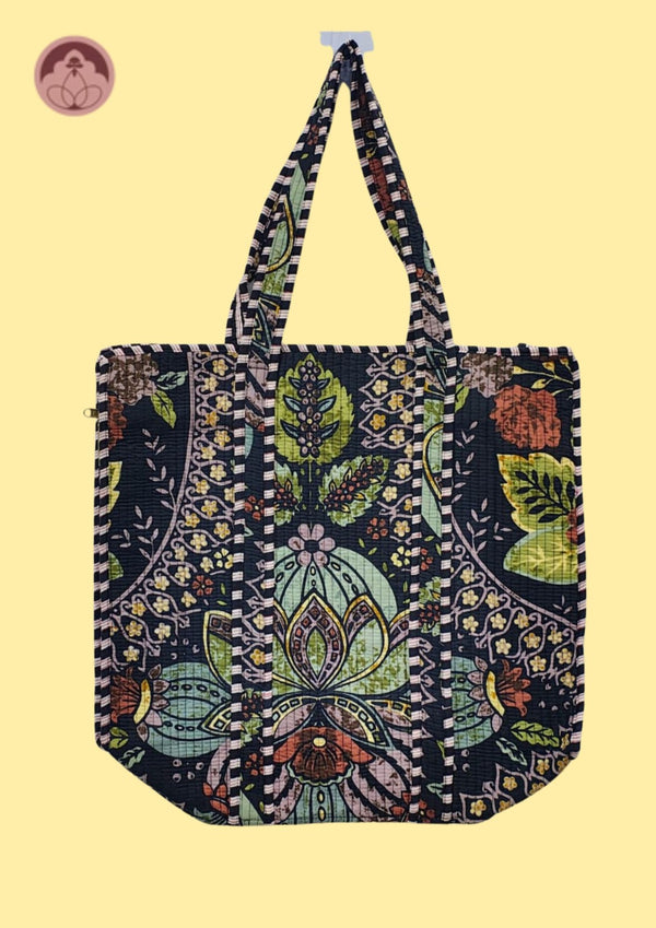 Vintage Charm Black Floral Cotton Quilted Tote Bag