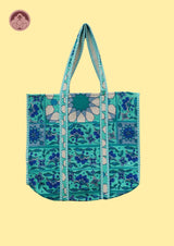 Aqua Bloom Blue Floral Cotton Quilted Tote Bag