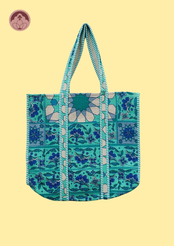 Aqua Bloom Blue Floral Cotton Quilted Tote Bag