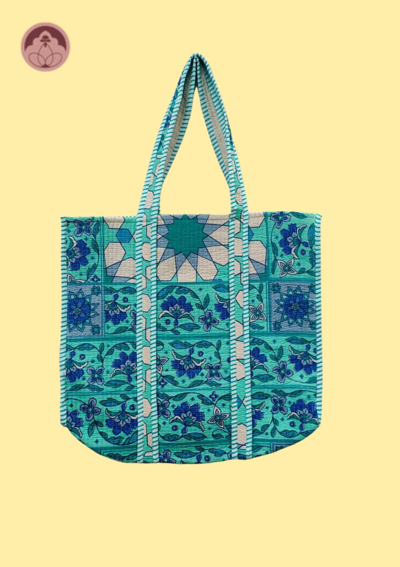 Aqua Bloom Blue Floral Cotton Quilted Tote Bag