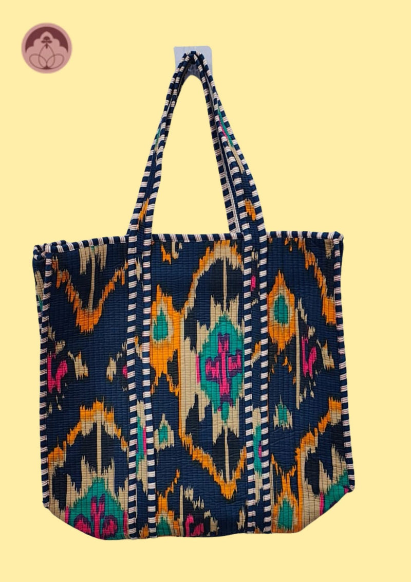 "Boho Vibes Green Ikat Cotton Quilted Tote Bag