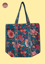 “Teal Bloom Red Floral Quilted Cotton Tote Bag”