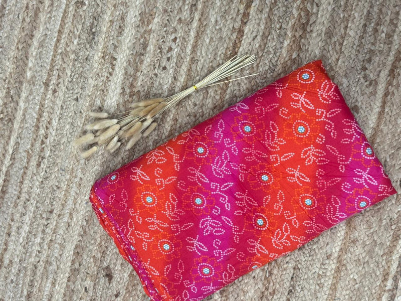 Vibrant Rani & Orange Bandhej Fusion Fabric (WIDTH 42 INCHES)