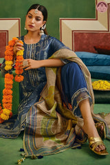 Dusky Blue Traditional Suit Set with Muslin Dupatta