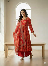 Zarika Floral Red Anarkali Suit Set with Digital Print Dupatta