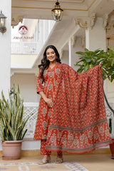 • “Ajrakh Aura” Folk Print Unstitched Suit Set with Cotton Dupatta