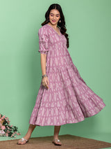 Rangriti Mauve Magic Printed Cotton Midi Dress