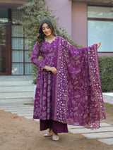 • “Saanjh Purple” Timeless Ethnic Print Unstitched Suit Set with Cotton Dupatta