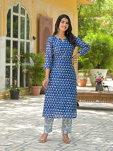 Mehak Blue Handblock Printed Chanderi  With Sequins Work On The Yoke Kurta Pant Set