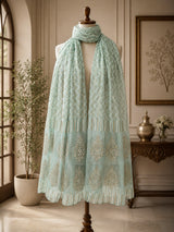 Zigzag Sky Blue Handblock Printed  Chiffon Dupatta
