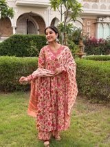 • Elegant Rose Pink Floral Suit Set with Kota Doria Dupatta