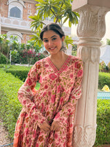 • Elegant Rose Pink Floral Suit Set with Kota Doria Dupatta