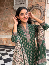 Zareen Mehfil Emerald Printed Cotton Suit Set with Cotton Dupatta