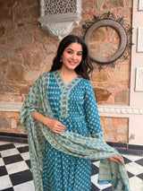 AarohiTeal Heritage Print Suit Set with Mul Cotton Dupatta