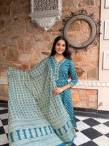 AarohiTeal Heritage Print Suit Set with Mul Cotton Dupatta