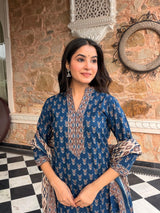 Mehrbano Indigo Grace Printed Cotton Suit Set with Cotton Dupatta