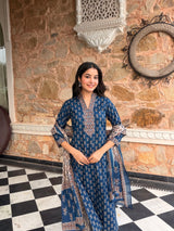 Mehrbano Indigo Grace Printed Cotton Suit Set with Cotton Dupatta