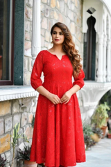 EMBELLISHED RED GEORGETTE KURTA ONLY